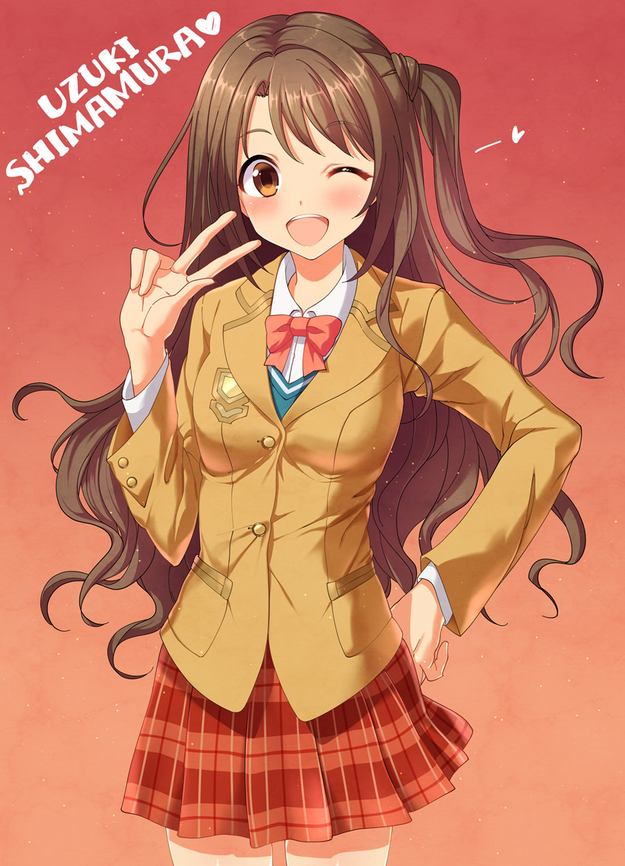 1girl ;d artist_name blazer blush bow bowtie breasts brown_eyes brown_hair brown_jacket buttons collared_shirt cowboy_shot dress_shirt emblem eyebrows eyebrows_visible_through_hair gradient gradient_background hand_gesture hand_on_hip heart highres idolmaster idolmaster_cinderella_girls legs_apart long_hair long_sleeves looking_at_viewer one_eye_closed open_mouth palms plaid plaid_skirt pleated_skirt red_background red_bow red_bowtie red_skirt round_teeth shimamura_uzuki shirt side_ponytail simple_background skirt smile solo sweater_vest tareme teeth tsuru_ringo v very_long_hair wavy_hair white_shirt