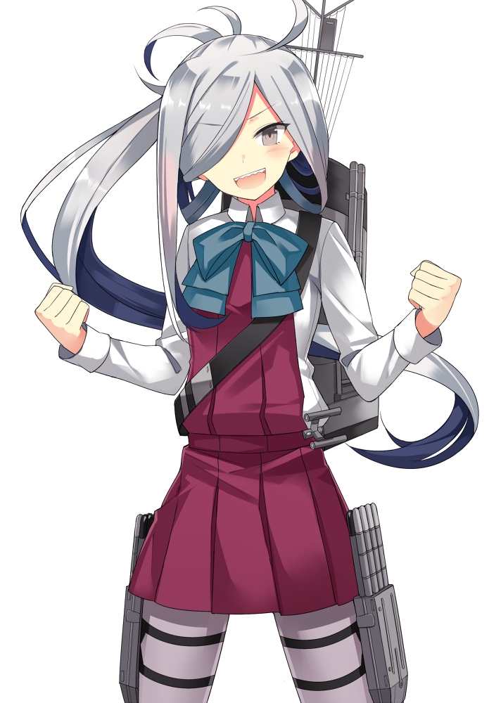 &gt;:d 1girl 501092-taka :d ahoge asashimo_(kantai_collection) blouse blush bow bowtie clenched_hands dress fangs grey_eyes hair_over_one_eye kantai_collection long_hair long_sleeves looking_at_viewer machinery multicolored_hair open_mouth pantyhose ponytail purple_hair purple_legwear school_uniform silver_hair simple_background sleeveless sleeveless_dress smile solo teeth torpedo white_background white_blouse
