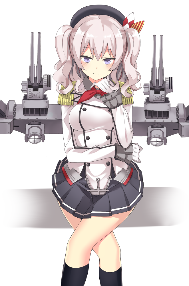 1girl 501092-taka beret black_legwear blue_eyes blush breasts buttons crossed_legs epaulettes frilled_sleeves frills gloves hat jacket kantai_collection kashima_(kantai_collection) kerchief kneehighs large_breasts long_hair looking_at_viewer machinery military military_uniform miniskirt pleated_skirt red_ribbon ribbon searchlight sidelocks silver_hair sitting skirt smile tsurime turret twintails uniform wavy_hair white_gloves