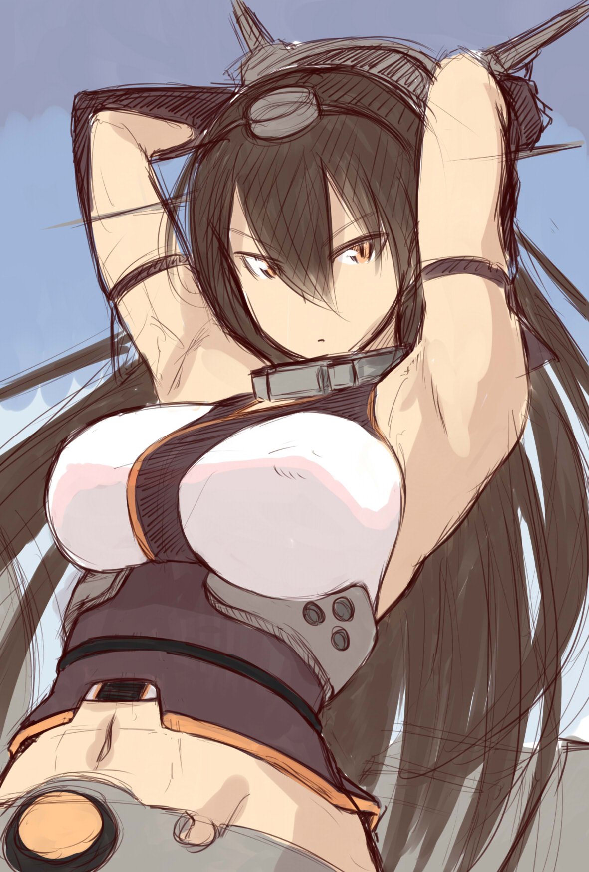 &gt;:| 1girl armlet armpits arms_behind_head arms_up belt black_gloves blue_background breasts brown_eyes brown_hair covered_nipples eyebrows eyebrows_visible_through_hair gloves headgear highres kantai_collection large_breasts long_hair midriff nagato_(kantai_collection) navel serious simple_background sketch solo stomach underbust upper_body very_long_hair wa_(genryusui)