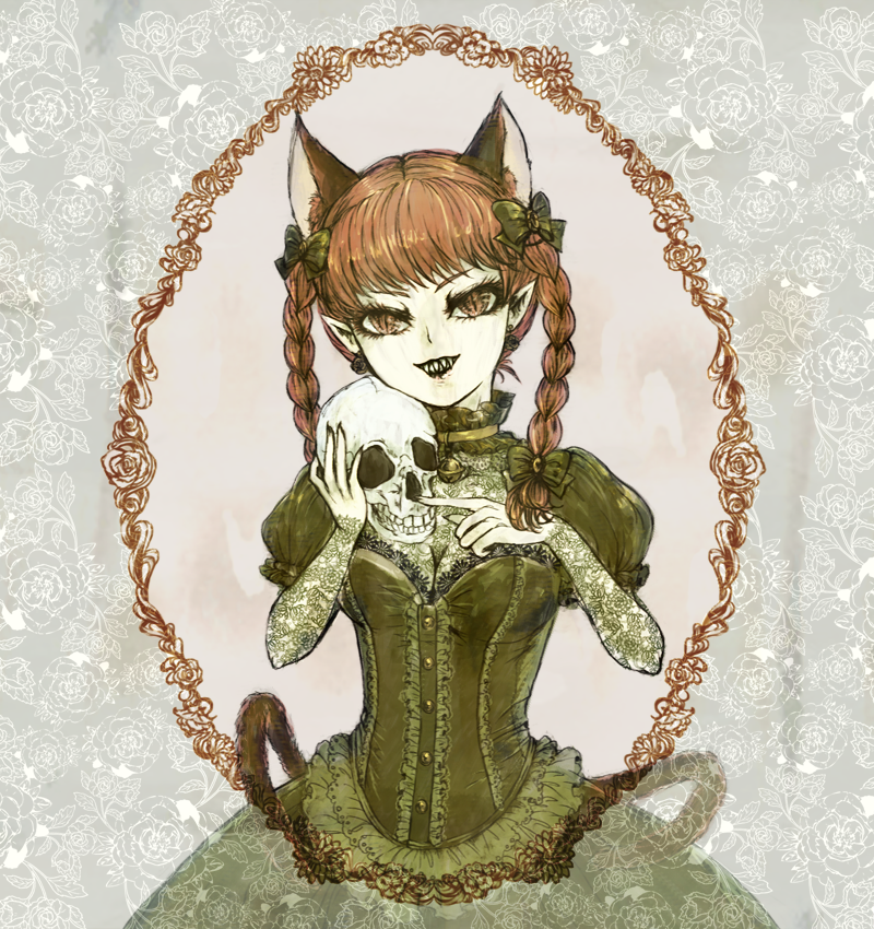 1girl animal_ears bell braid cat_ears cat_girl cat_tail choker demon_girl dress embellished_costume extra_ears eyelashes floral_background flower frame frills gown green_dress green_ribbon grin holding index_finger_raised jingle_bell kaenbyou_rin lace multiple_tails nazo_(mystery) pale_skin pointy_ears puffy_short_sleeves puffy_sleeves red_eyes redhead ribbon rose sharp_teeth short_sleeves skull slit_pupils smile solo tail teeth touhou twin_braids victorian