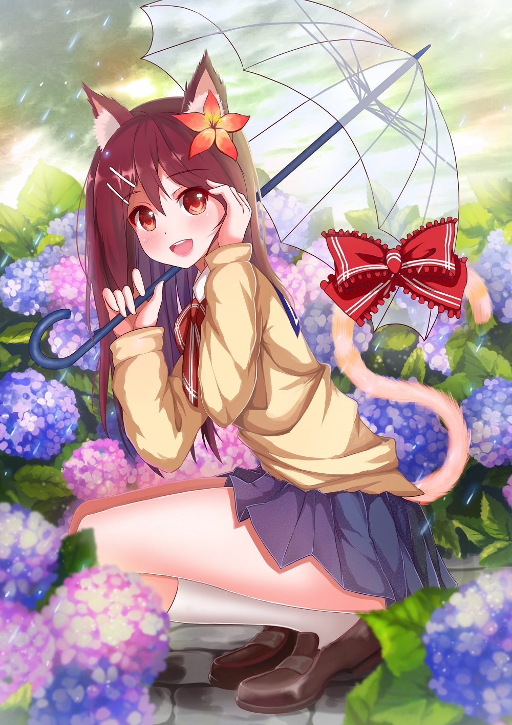 1girl :d animal_ears brown_eyes brown_hair cat_ears cat_tail flower hair_flower hair_ornament highres hydrangea kneehighs loafers long_hair open_mouth original pleated_skirt school_uniform shoes skirt sky smile solo squatting sweater tail umbrella
