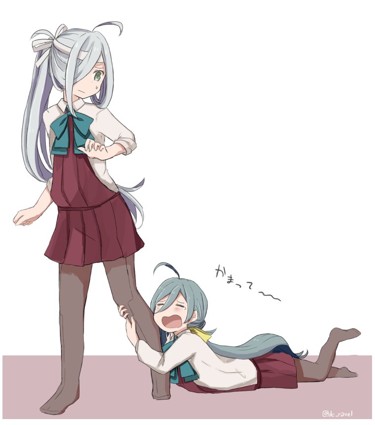 2girls ahoge asashimo_(kantai_collection) blue_hair bow bowtie closed_eyes commentary_request dress grey_hair hair_over_one_eye hairband kantai_collection kiyoshimo_(kantai_collection) leg_grab long_hair low_twintails lying multicolored_hair multiple_girls on_floor on_stomach open_mouth pantyhose riz_(ravel_dc) school_uniform silver_hair sleeveless sleeveless_dress standing tears translation_request twintails twitter_username white_blouse