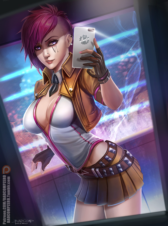 1girl alternate_costume badcompzero blue_eyes breasts cleavage gloves league_of_legends light_smile lips pink_hair self_shot short_hair skirt solo thighs vi_(league_of_legends)