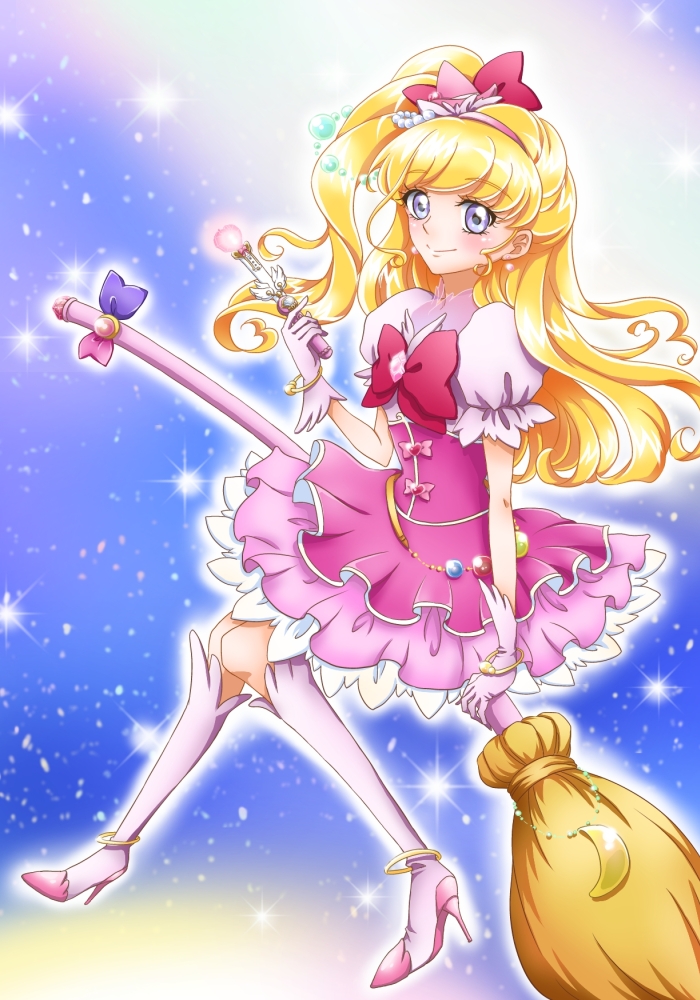 1girl arist_request asahina_mirai blonde_hair blush broom cure_miracle dress female long_hair magical_girl mahou_girls_precure! precure purple_eyes side_ponytail smile solo source_request