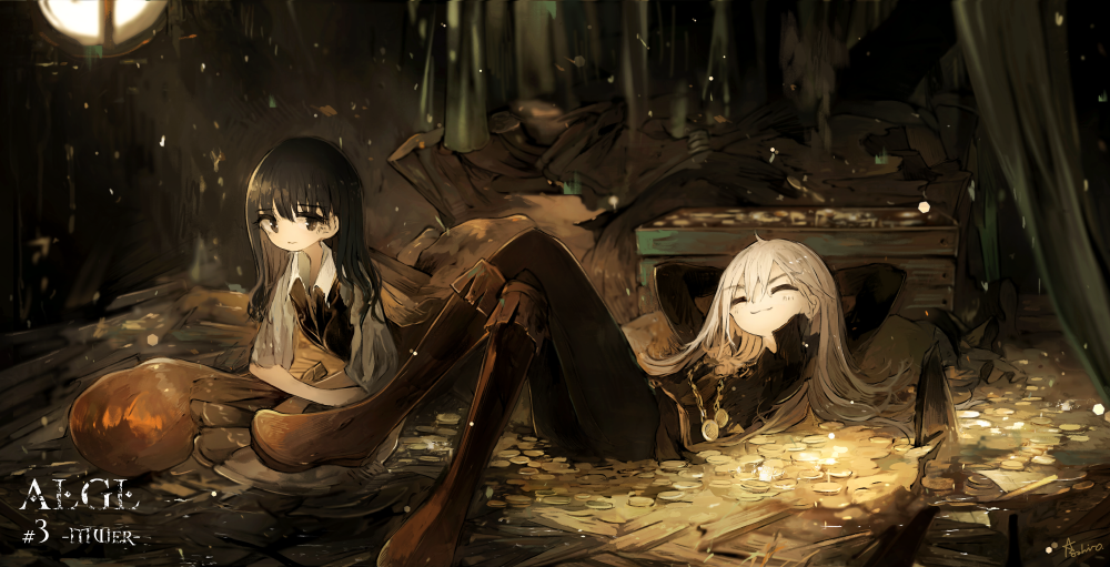 1boy 1girl asahiro_(algl) black_eyes black_hair boots chain closed_eyes coin crate indoors long_hair lounging lying on_back on_stomach silver_hair smile window