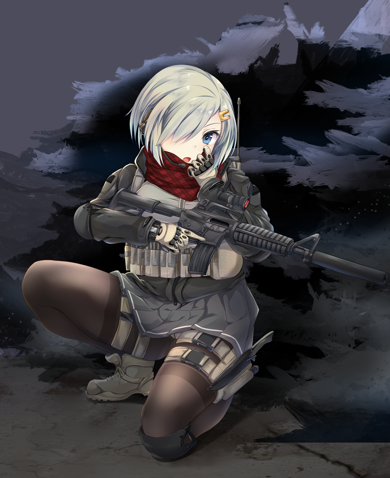 &gt;:o 1girl :o ammunition_belt ankle_boots antennae belt black_jacket black_skirt blue_eyes boots brown_boots brown_gloves brown_legwear bulletproof_vest dagger full_body gloves gun hair_ornament hair_over_one_eye hairclip hamakaze_(kantai_collection) headset holding_gun holding_weapon holster jacket kantai_collection kneeling kotohane long_sleeves looking_at_viewer outdoors pantyhose plaid plaid_scarf pleated_skirt red_scarf rifle rock scarf sheath sheathed short_hair silver_hair skirt sniper_rifle solo spread_fingers talking thigh_holster thighband_pantyhose trigger_discipline tsurime walkie-talkie weapon weapon_request
