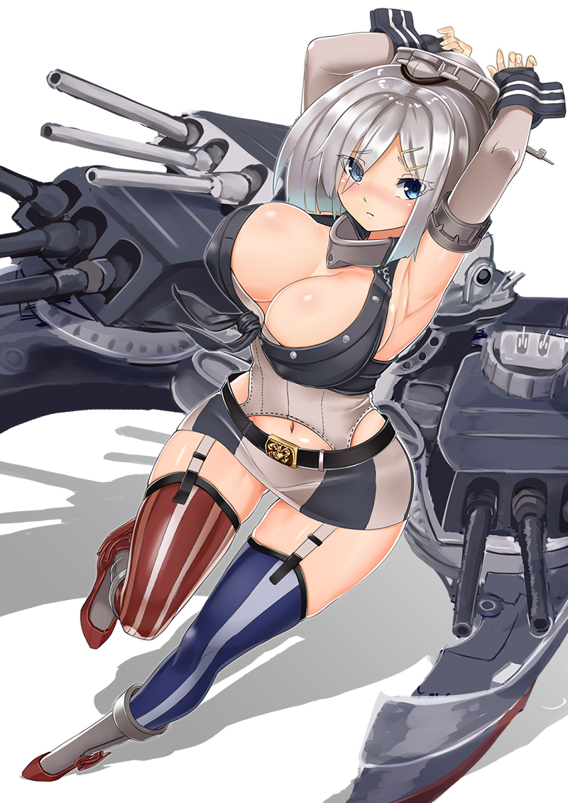 1girl american_flag_legwear armpits arms_up blue_eyes blush boots breasts cleavage cosplay covered_nipples full_body garter_straps grey_hair hair_over_one_eye hamakaze_(kantai_collection) iowa_(kantai_collection) iowa_(kantai_collection)_(cosplay) kantai_collection large_breasts looking_at_viewer miniskirt navel short_hair simple_background sin_(kami148) skirt solo white_background