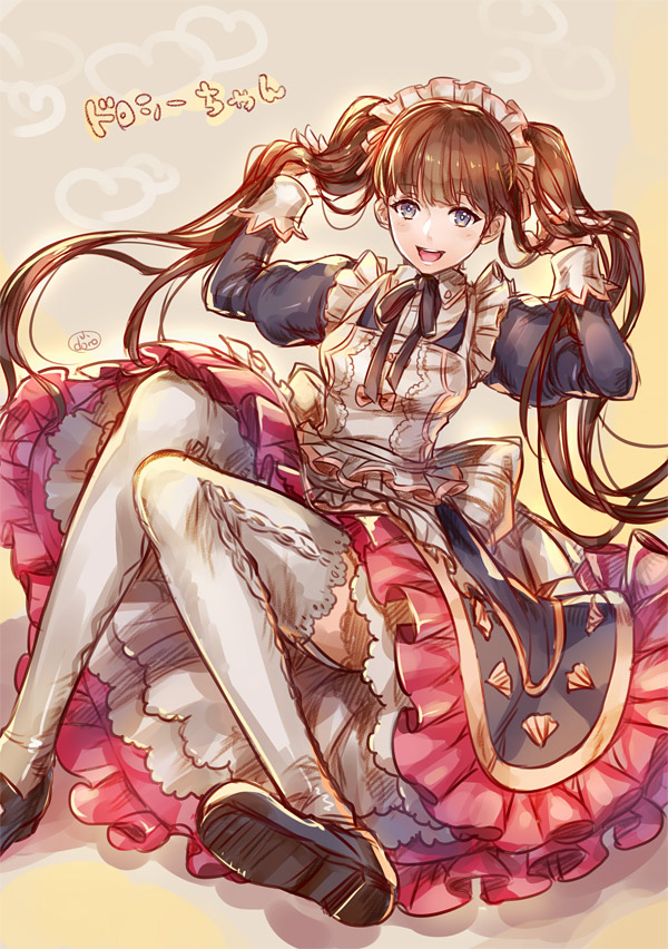 1girl :d artist_name bangs black_ribbon blue_eyes bow dorothy_(granblue_fantasy) dr. dress frills granblue_fantasy hands_up holding_hair juliet_sleeves lace-trimmed_legwear long_hair long_sleeves looking_at_viewer maid_headdress neck_ribbon open_mouth puffy_sleeves ribbon shoes sitting sketch smile solo text thigh-highs twintails upskirt white_legwear