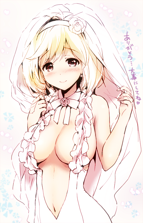 1girl blonde_hair blush breasts center_opening cleavage djeeta_(granblue_fantasy) dress earrings flower flower_earrings frills granblue_fantasy hair_flower hair_ornament hairband jewelry kurimomo large_breasts looking_at_viewer navel neck_ribbon red_eyes ribbon short_hair smile solo veil white_dress