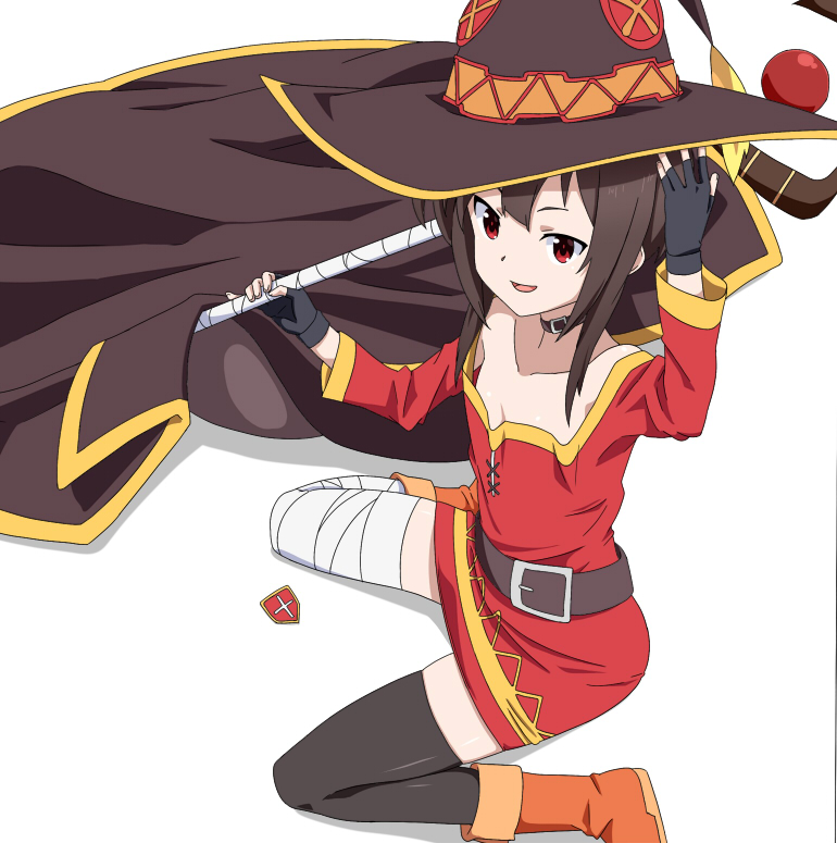 1girl bandaged_leg bare_shoulders belt black_hair black_legwear cape collar collarbone eyepatch fingerless_gloves gloves hat kono_subarashii_sekai_ni_shukufuku_wo! long_sleeves megumin off_shoulder open_mouth red_eyes ribonzu short_hair solo staff thigh-highs white_background witch_hat