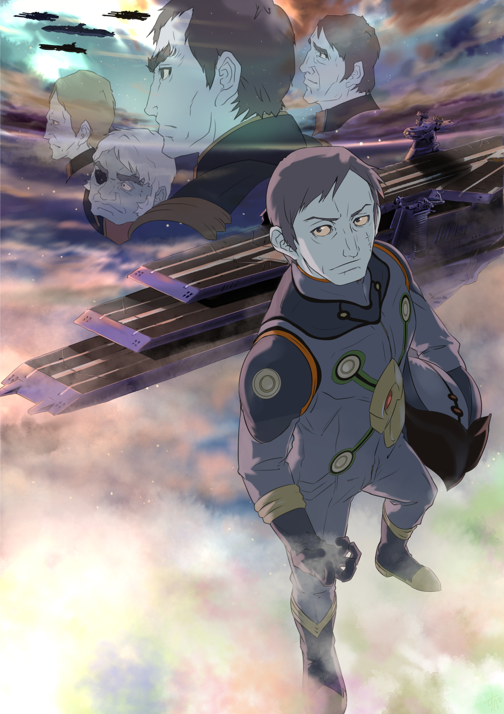 5boys aircraft_carrier blue_skin brown_hair eyepatch flight_deck helmet highres multiple_boys pilot_suit scar ship short_hair silhouette skin_tight space space_craft supe_(yuusyasupepen) uchuu_senkan_yamato uchuu_senkan_yamato_2199 uniform warship white_hair