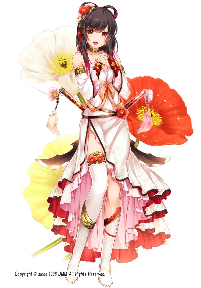 1girl :d bare_shoulders black_hair boots dress flower flower_knight_girl full_body hair_flower hair_ornament hands_together knee_boots looking_at_viewer moneti_(daifuku) object_namesake official_art open_mouth poppy_(flower) poppy_(flower_knight_girl) red_eyes short_hair smile solo standing strapless strapless_dress sword thighlet weapon white_boots white_dress