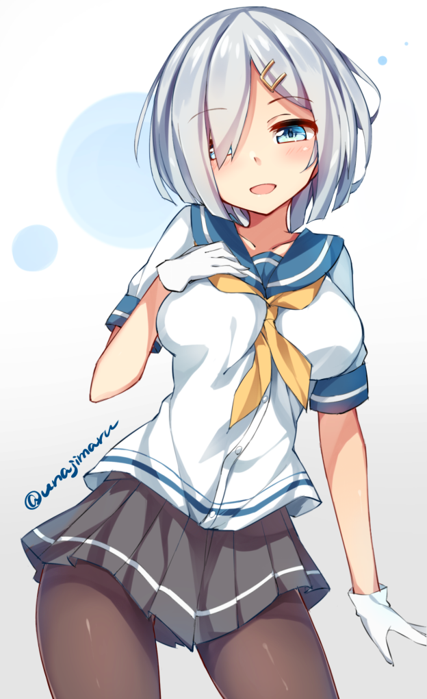 1girl blue_eyes gloves hair_ornament hair_over_one_eye hairclip hamakaze_(kantai_collection) kantai_collection open_mouth school_uniform serafuku short_hair silver_hair smile unacchi_(nyusankin)