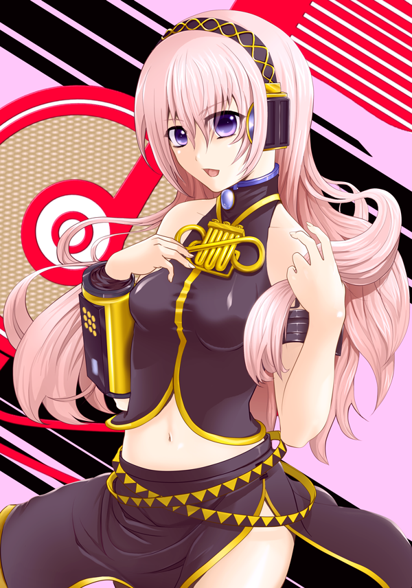 1girl blue_eyes breasts detached_sleeves feccso headphones headset long_hair long_skirt looking_at_viewer megurine_luka nail_polish open_mouth pink_hair side_slit skirt solo vocaloid
