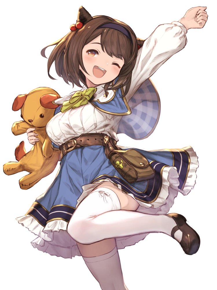 1girl arm_up bangs belt blue_skirt blush brown_eyes brown_hair capelet eyebrows frilled_skirt frills granblue_fantasy hairband horns long_sleeves looking_at_viewer mary_janes one_eye_closed outstretched_arm plaid pouch puffy_long_sleeves puffy_sleeves shoes simple_background skirt smile solo stuffed_animal stuffed_toy supertie teddy_bear teeth thigh-highs white_background white_legwear yaia_(granblue_fantasy)