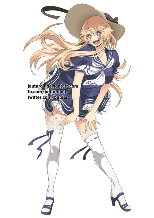 1girl :d artist_request blush commentary hat high_heels impossible_clothes iowa_(kantai_collection) iowa_(pacific) iowa_(pacific)_(cosplay) long_hair neckerchief open_mouth ribbon-trimmed_legwear ribbon_trim short_sleeves smile sun_hat thigh-highs very_long_hair white_background white_legwear zettai_ryouiki