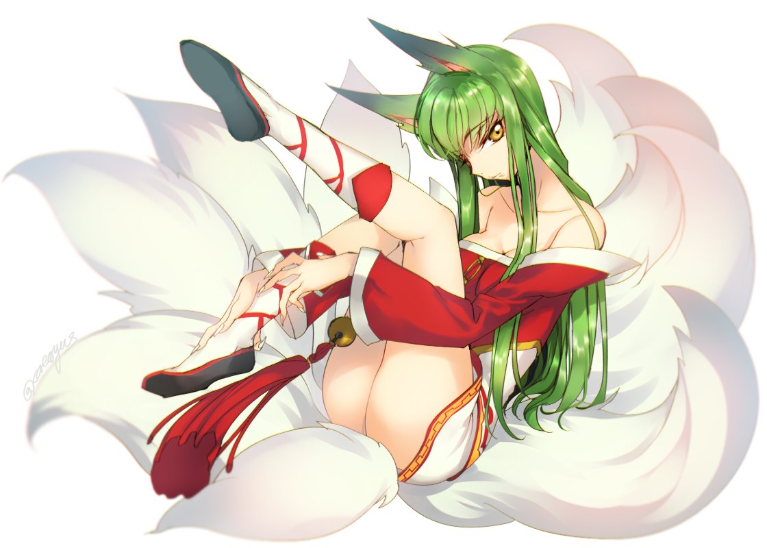1girl animal_ears artist_name bangs bell black_shoes breasts c.c. cleavage closed_mouth code_geass creayus detached_sleeves expressionless fetal_position fingernails fox_ears fox_tail full_body green_hair head_tilt jingle_bell kemonomimi_mode kneehighs legs_up long_fingernails long_sleeves multiple_tails shoes simple_background solo tail tassel thighs tsurime white_background white_legwear yellow_eyes