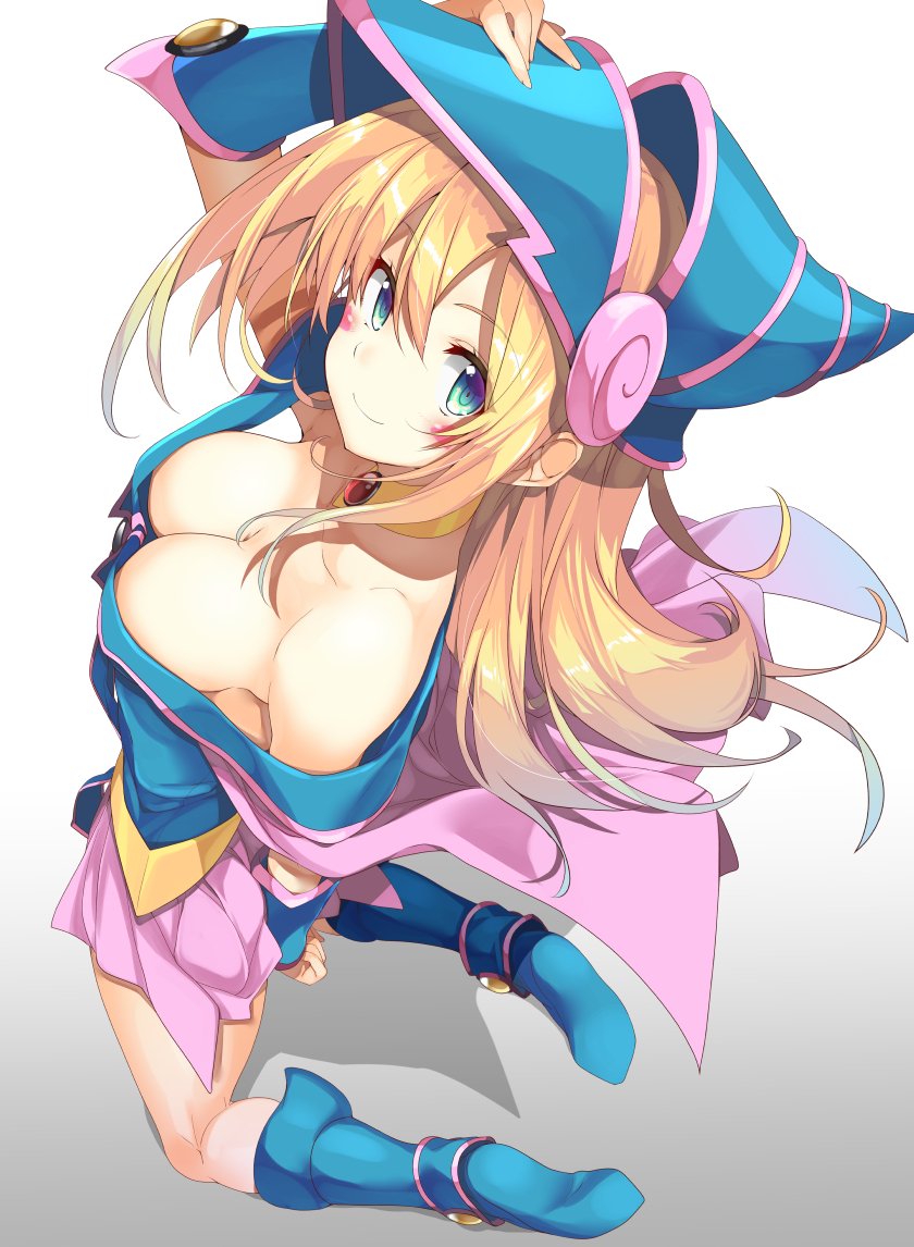 1girl bare_shoulders blonde_hair blue_boots blush boots breasts choker cleavage collarbone commentary_request dark_magician_girl from_above gintarou_(kurousagi108) green_eyes hat kneeling large_breasts long_hair looking_at_viewer looking_up skirt smile solo wizard_hat yuu-gi-ou