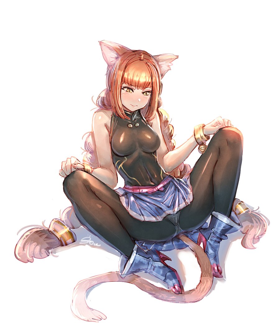 1girl animal_ears ankle_boots bangs bare_arms bare_shoulders belt blush bodysuit boots bow_(bhp) bracelet braid breasts cat_ears cat_tail duplicate embarrassed feet_together hands_on_own_knees high_heels jewelry long_hair looking_down low-tied_long_hair miniskirt panties pantyshot pantyshot_(sitting) redhead signature sitting skirt slit_pupils solo spread_legs stomach tail twin_braids underwear very_long_hair yellow_eyes