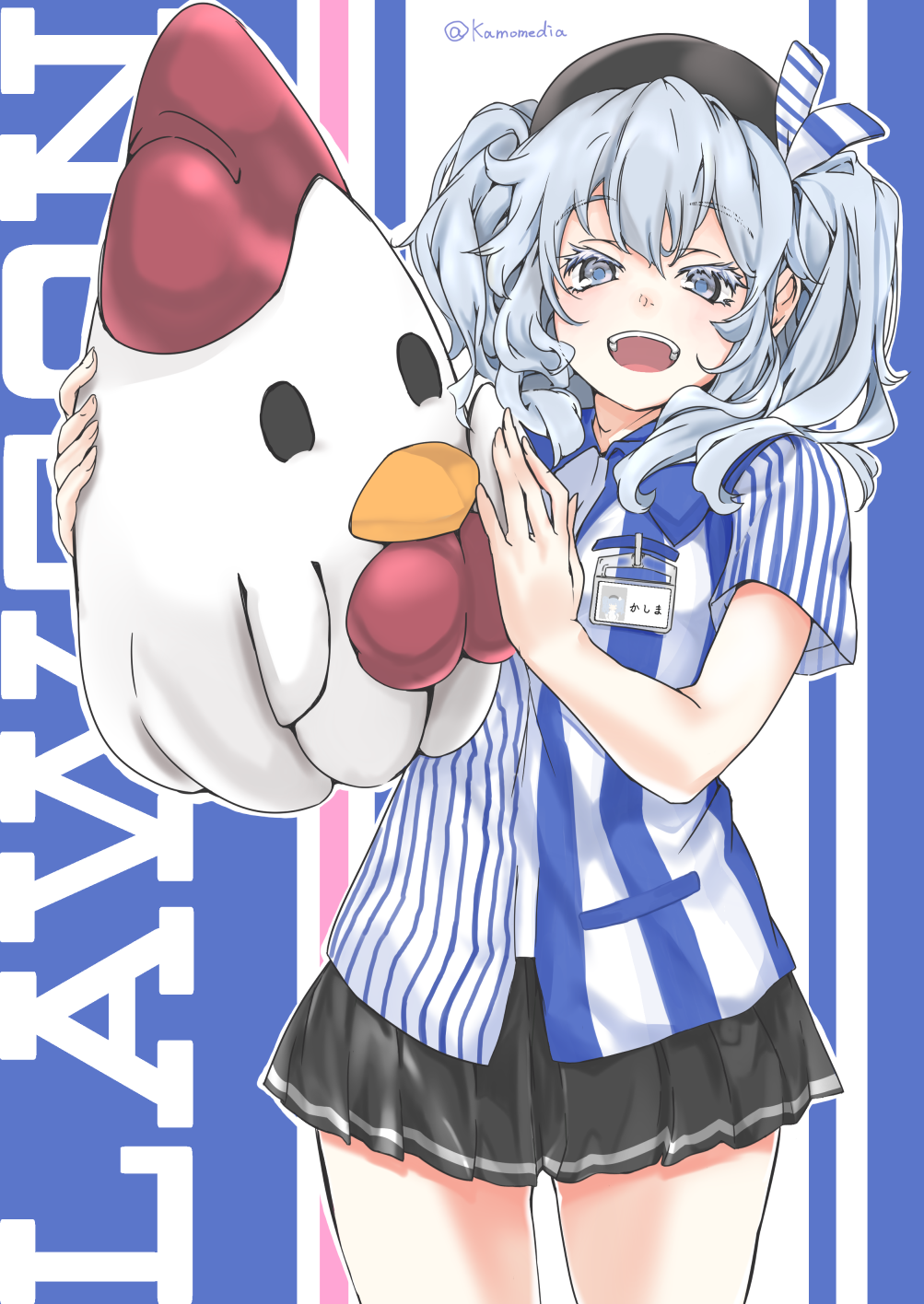 1girl beret black_skirt blue_eyes blue_hair breasts employee_uniform hat highres holding kamo_(yokaze) kantai_collection kashima_(kantai_collection) lawson long_hair looking_at_viewer name_tag open_mouth pleated_skirt shirt short_sleeves skirt smile solo striped striped_shirt stuffed_animal stuffed_chicken stuffed_toy teeth twintails twitter_username uniform wavy_hair
