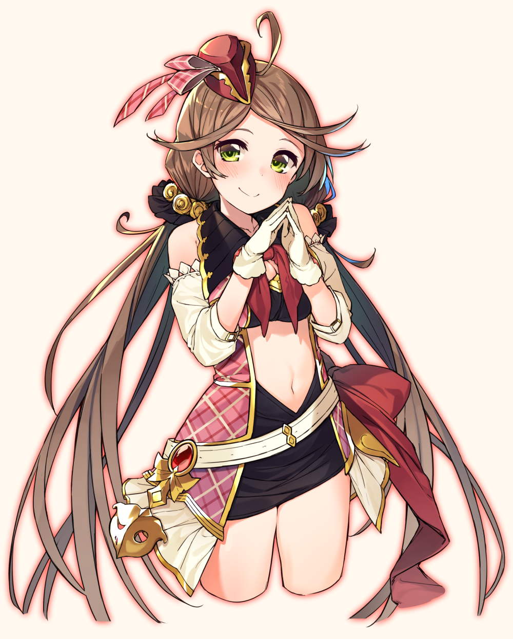 1girl ahoge bare_shoulders belt blush breasts brown_hair detached_sleeves gloves granblue_fantasy green_eyes hair_ornament hands_together harie_(granblue_fantasy) hat highres long_hair looking_at_viewer low_twintails mini_hat navel smile solo tofu1601 twintails white_gloves