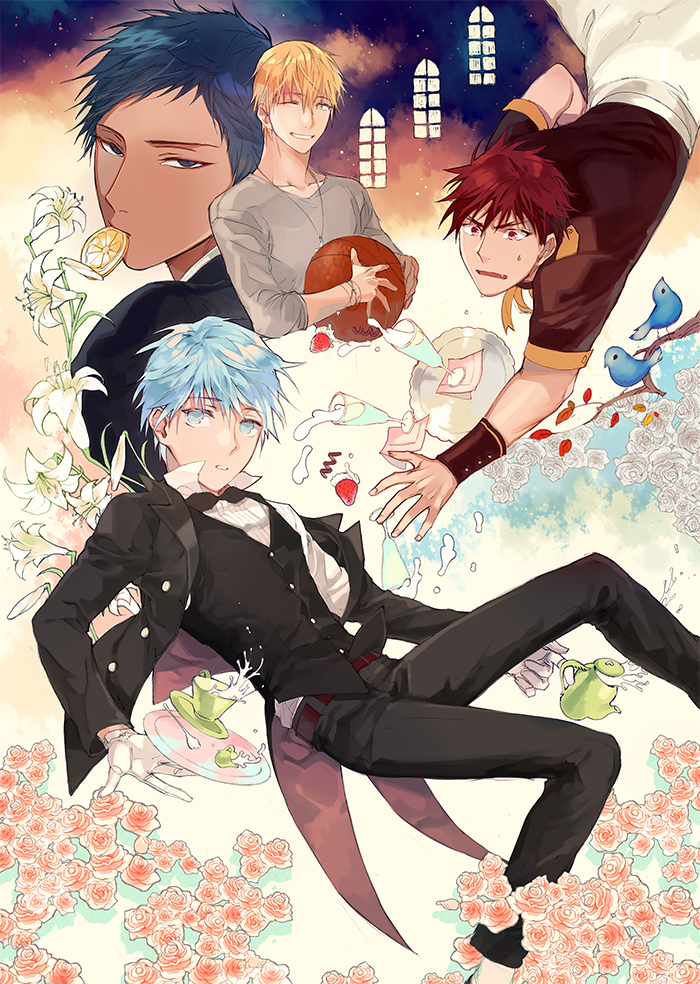 4boys aomine_daiki basketball bird blonde_hair blue_eyes blue_hair brown_eyes butler champagne_flute cup dress_shirt drinking_glass falling flower food formal fruit gearous gloves jewelry kagami_taiga kise_ryouta kuroko_no_basuke kuroko_tetsuya lily_(flower) long_sleeves looking_at_viewer male_focus multiple_boys necklace one_eye_closed open_mouth orange orange_slice pants red_eyes redhead saucer shirt smile spilling strawberry suit teacup tray white_gloves