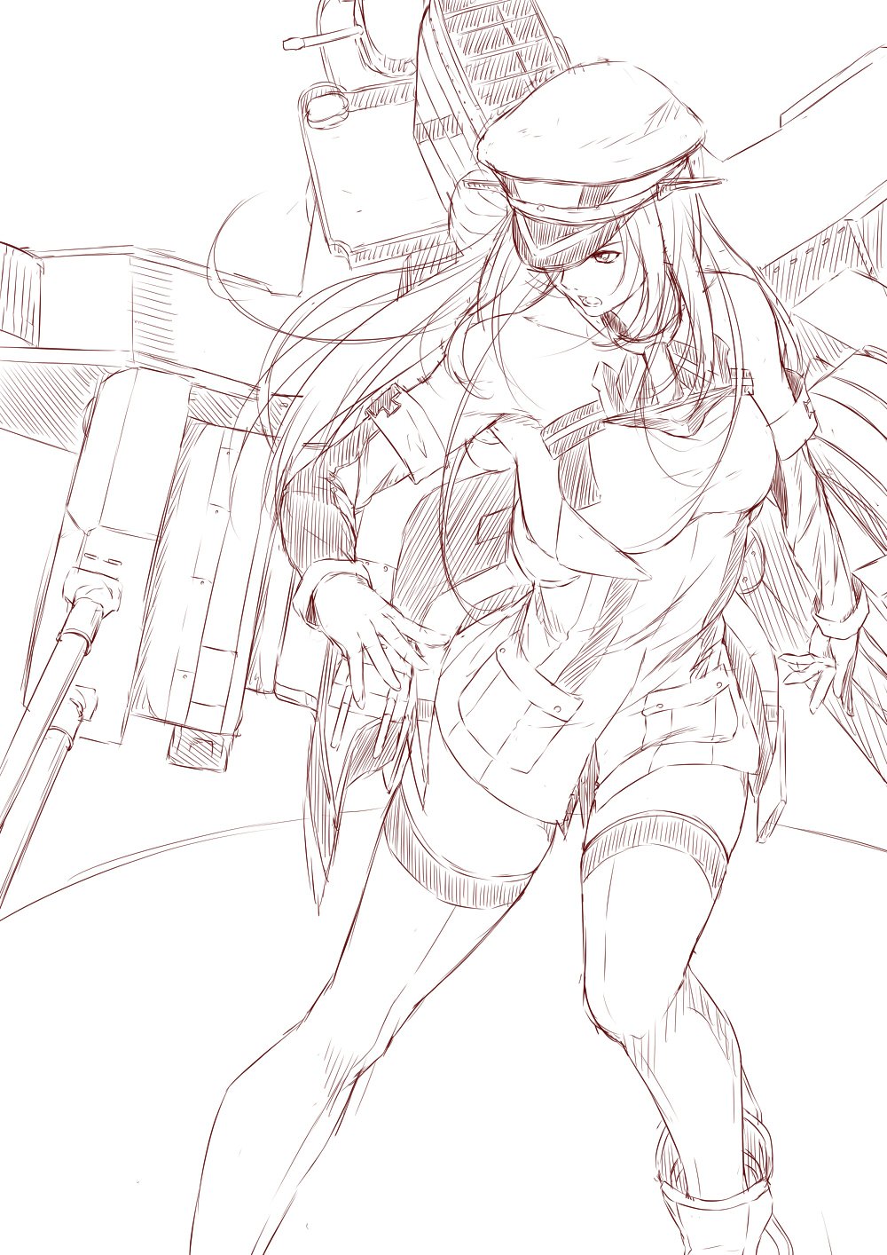anchor bare_shoulders bismarck_(kantai_collection) boots breasts cannon commentary_request detached_sleeves dress hat highres kantai_collection large_breasts long_hair monochrome niwatazumi open_mouth peaked_cap rigging sketch strapless strapless_dress thigh-highs tube_dress zettai_ryouiki