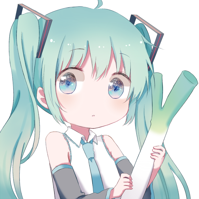 1girl detached_sleeves green_eyes green_hair hatsune_miku long_hair looking_at_viewer mimengfeixue necktie simple_background solo spring_onion twintails upper_body vocaloid white_background