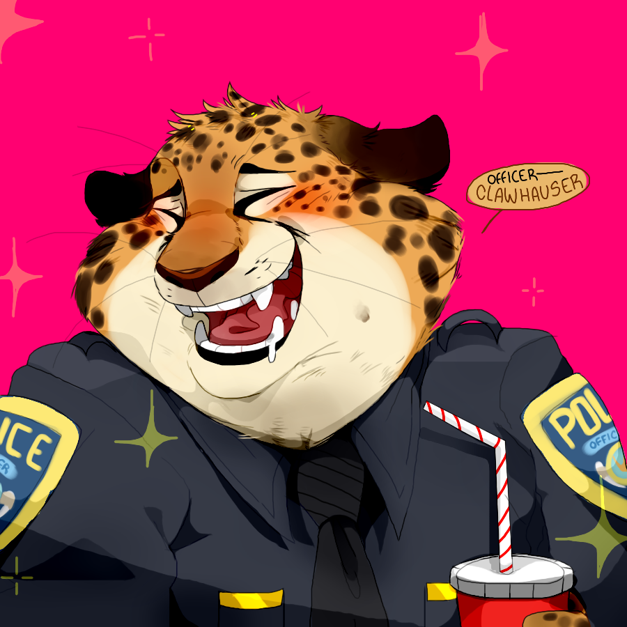 1boy :d ^_^ ^o^ benjamin_clawhauser black_jacket black_necktie character_name closed_eyes collar cup drinking_straw drooling emblem fangs furry jacket male_focus necktie open_mouth pink_background police police_uniform policeman reeiden saliva simple_background smile sparkle teeth uniform whiskers zootopia