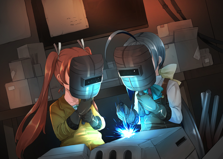 2girls ahoge brown_hair comah gloves kantai_collection kiyoshimo_(kantai_collection) libeccio_(kantai_collection) machinery multiple_girls silver_hair turret twintails welding welding_mask