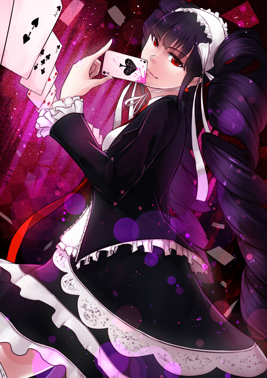 1girl card drill_hair gothic_lolita hairband highres lolita_fashion long_hair looking_at_viewer looking_back red_eyes smile solo swordwaltz very_long_hair