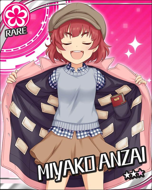 blush cards character_name closed_eyes hat idolmaster idolmaster_cinderella_girls jacket miyako_anzai redhead short_hair smile stars