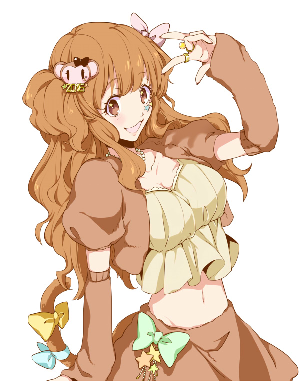 1girl :d bow breasts brown_eyes brown_hair cleavage hair_ornament idolmaster idolmaster_cinderella_girls jewelry long_hair looking_at_viewer midriff monkey_tail moroboshi_kirari navel open_mouth ring simple_background smile solo star tail tail_bow white_background yoshikawa_(cajica)