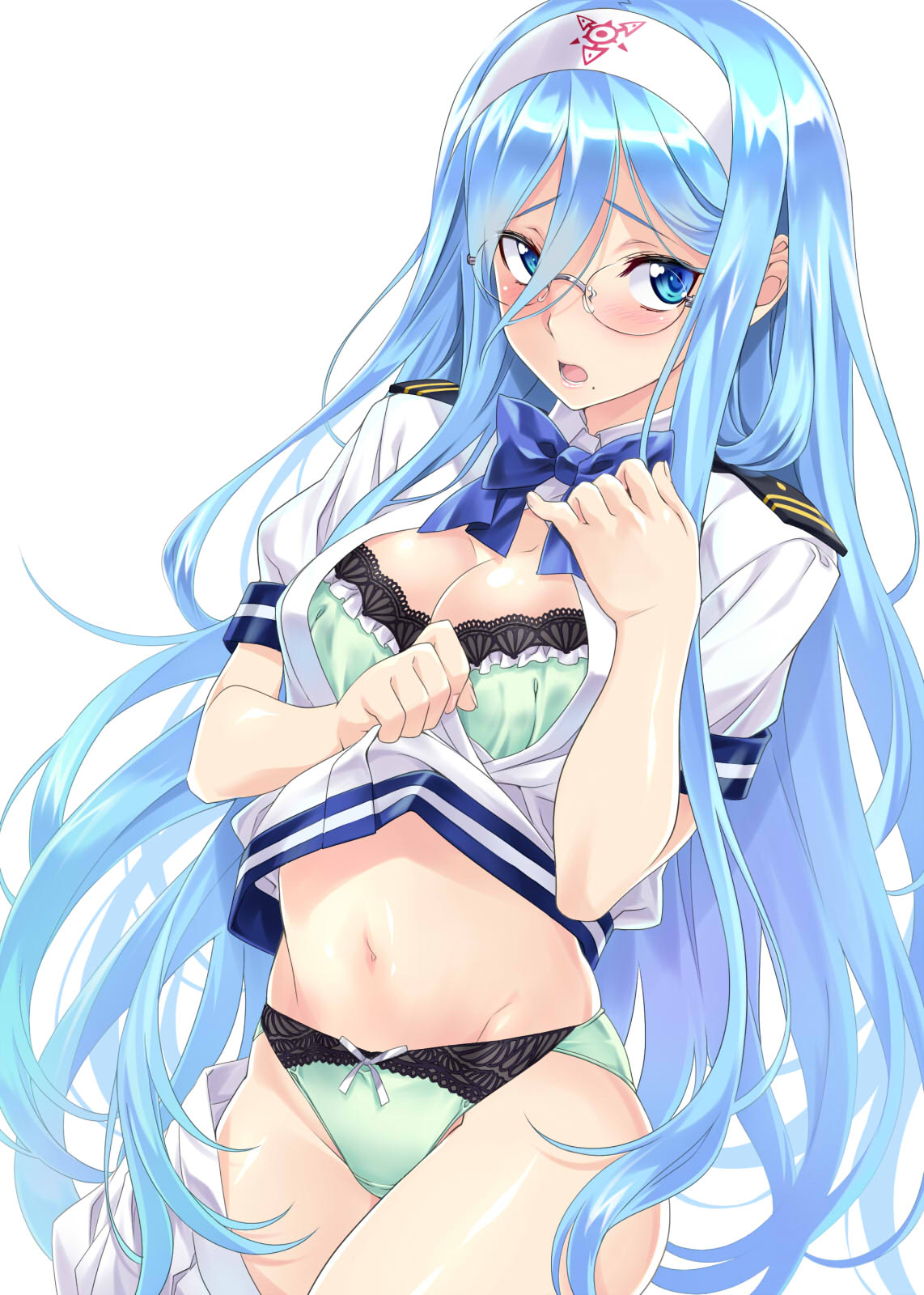 1girl aoki_hagane_no_arpeggio aqua_eyes aqua_hair bespectacled bow bow_panties bra breasts cleavage crotch_seam frilled_bra frills glasses green_bra green_panties hair_between_eyes hairband hand_on_own_chest highres jpeg_artifacts lifted_by_self long_hair mole mole_under_mouth nagayori open_clothes open_mouth open_shirt panties shirt shirt_lift simple_background skirt skirt_pull solo takao_(aoki_hagane_no_arpeggio) underwear very_long_hair white_background