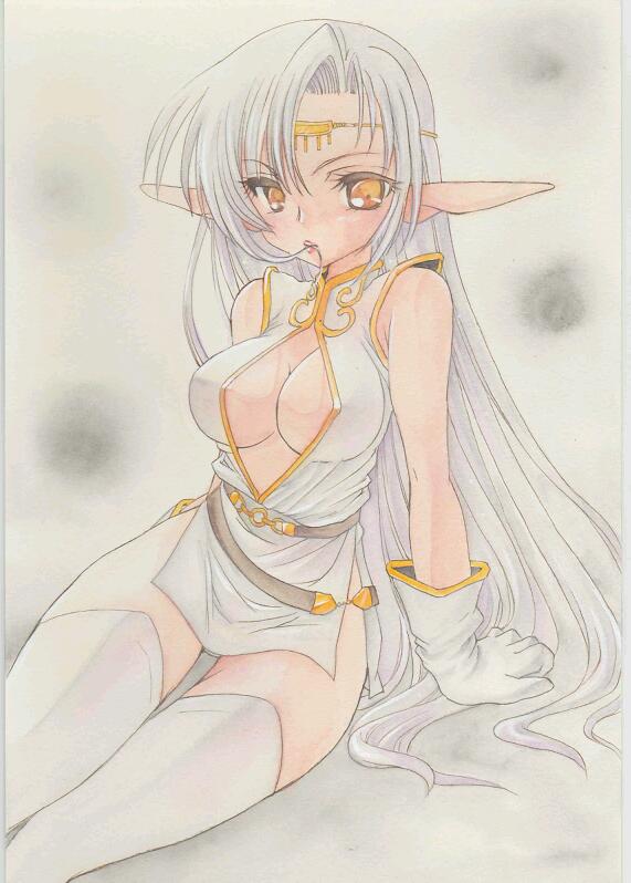 1girl arm_supprot circlet cleavage_cutout elf gloves hair_in_mouth long_hair mouth_hold orange_eyes panties pantyshot pirotess pointy_ears record_of_lodoss_war side_slit sitting solo traditional_media underwear very_long_hair white_hair
