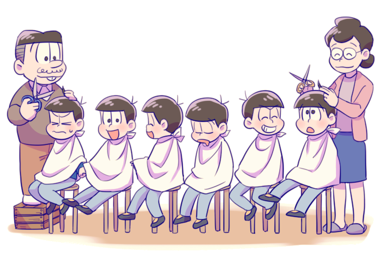 &gt;_&lt; 1girl 6+boys :3 :o ^_^ ag_(dkd_wnl) ahoge black_hair blush brothers buck_teeth child closed_eyes closed_mouth cutting_hair drooling facial_hair family glasses grin holding_hands lineup long_sleeves looking_at_another matsuno_choromatsu matsuno_ichimatsu matsuno_juushimatsu matsuno_karamatsu matsuno_matsuyo matsuno_matsuzou matsuno_osomatsu matsuno_todomatsu multiple_boys osomatsu-kun osomatsu-san pants scissors sextuplets shirt shoes siblings sitting skirt sleeping slippers smile standing standing_on_object stool sweat sweater teeth