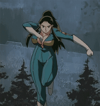 1girl animated animated_gif bazooka black_hair bodysuit breasts cleavage curvy giant_robo ginrei large_breasts long_hair lowres no_bra ponytail pulling solo tree weapon