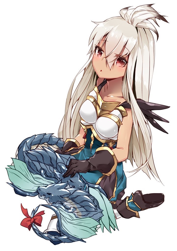 1girl 218 ahoge armor armored_dress bare_shoulders blue_dress blush breasts dark_skin dress gloves granblue_fantasy lap_pillow long_hair looking_at_viewer red_eyes seiza silver_hair sitting sleeping solo the_order_grande thigh-highs very_long_hair white_hair wyvern