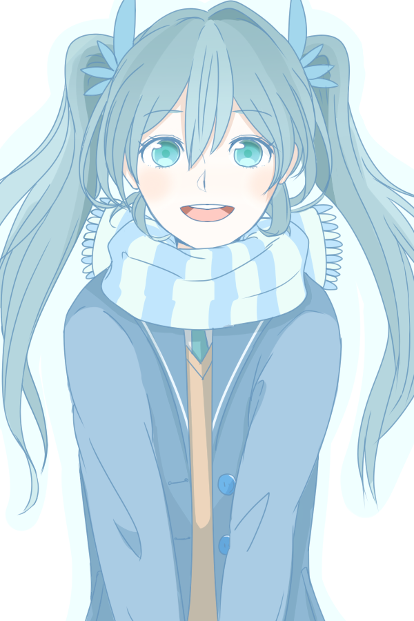 1girl hatsune_miku long_hair looking_at_viewer monotiina open_mouth scarf simple_background smile solo twintails vocaloid white_background