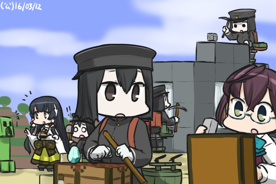 !! 3girls akitsu_maru_(kantai_collection) clone clouds commentary creeper dated detached_sleeves diamond furisode glasses gloves hair_tubes hamu_koutarou hat iron japanese_clothes kantai_collection kimono machinery military_hat minecraft mizuho_(kantai_collection) multiple_girls okinami_(kantai_collection) open_mouth pickaxe shovel white_gloves worktool