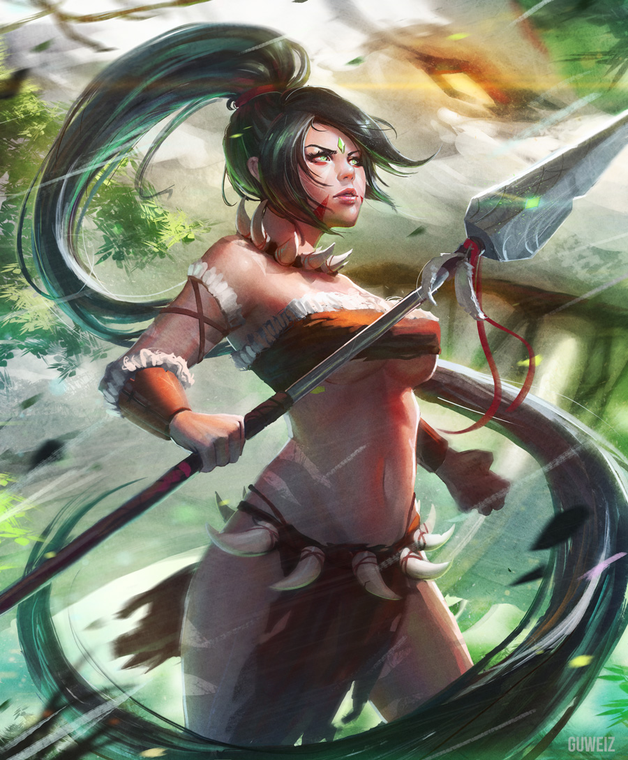 1girl arm_guards artist_name belt bodypaint collar collarbone contrapposto cowboy_shot dragon emerald expressionless facepaint fur_trim gem glowing glowing_eyes green_eyes green_hair guweiz hair_ribbon headpiece hips holding_weapon jewelry league_of_legends lips loincloth long_hair midriff navel nidalee outdoors pendant plant polearm red_ribbon ribbon sharp_teeth smoke solo_focus spear spikes standing stomach strapless teeth thighs tree tubetop very_long_hair weapon yellow_eyes