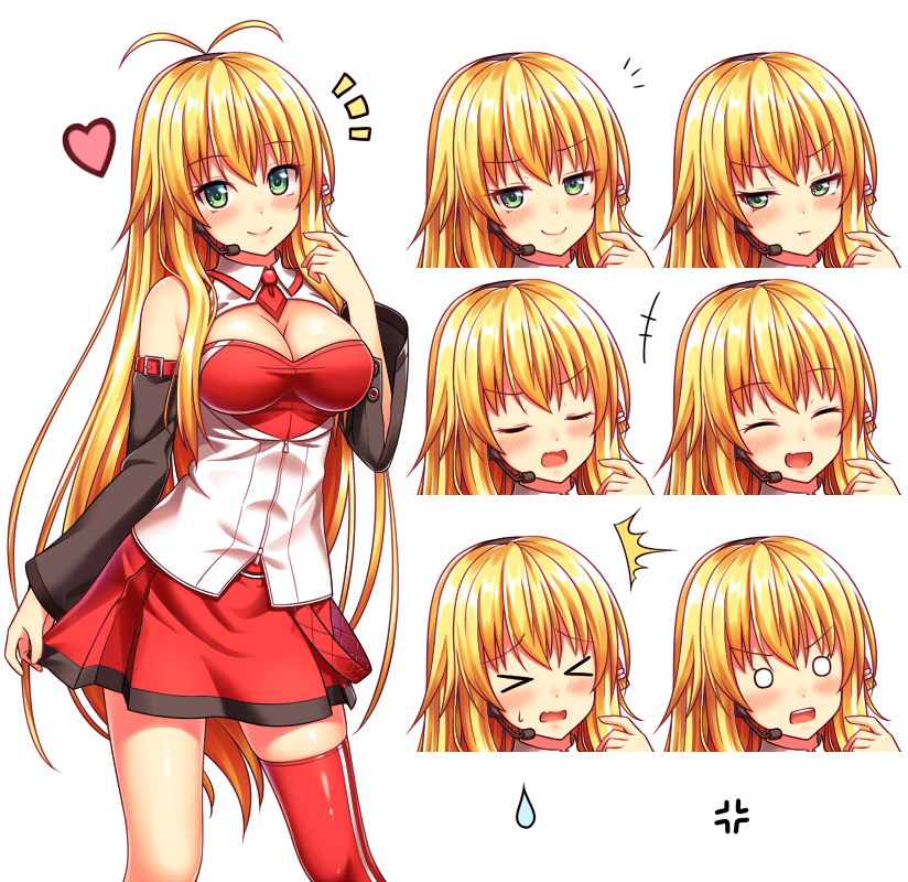 &gt;_&lt; 1girl anger_vein angry antenna_hair blonde_hair blush breasts cleavage closed_eyes detached_sleeves expressions green_eyes happy headset heart long_hair looking_at_viewer nazu-na necktie o_o open_mouth red_legwear single_thighhigh skirt_hold smile solo surprised tachi-e thigh-highs tsurumaki_maki very_long_hair vocaloid voiceroid