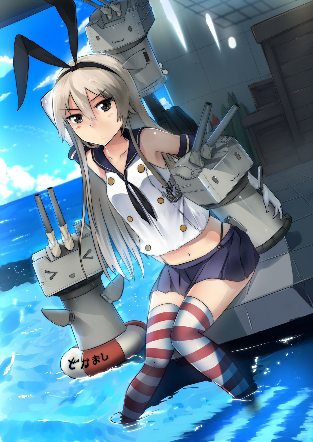 1girl bare_shoulders belly_peek blonde_hair blush brown_eyes clouds collarbone crate elbow_gloves gloves highres kantai_collection long_hair miniskirt navel partially_submerged pleated_skirt rensouhou-chan sailor_collar shimakaze_(kantai_collection) sitting skirt sky swordwaltz thigh-highs turret water