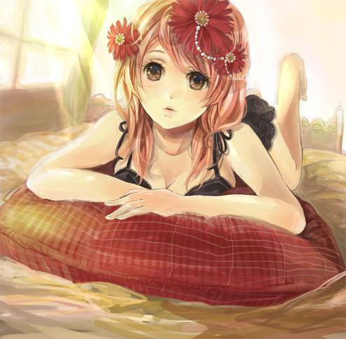 bed bra breasts brown_eyes cleavage cushion flower hair_flower hair_ornament hands lingerie long_hair lowres original pink_hair sk underwear