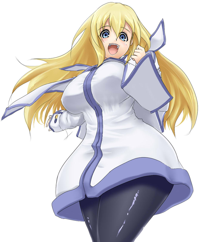 blonde_hair blue_eyes blush breasts colette_brunel happy homura large_breasts long_hair long_sleeves open_mouth pantyhose simple_background tales_of_(series) tales_of_symphonia thighs