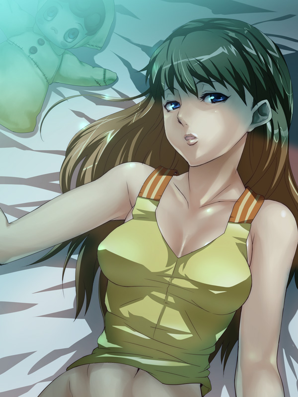 4hands bare_shoulders bed bed_sheet blue_eyes bottomless breasts brown_hair cleavage doll don_michael dress evangelion:_2.0_you_can_(not)_advance lying neon_genesis_evangelion no_panties orange_hair rebuild_of_evangelion sheets shikinami_asuka_langley solo souryuu_asuka_langley sun_dress tank_top