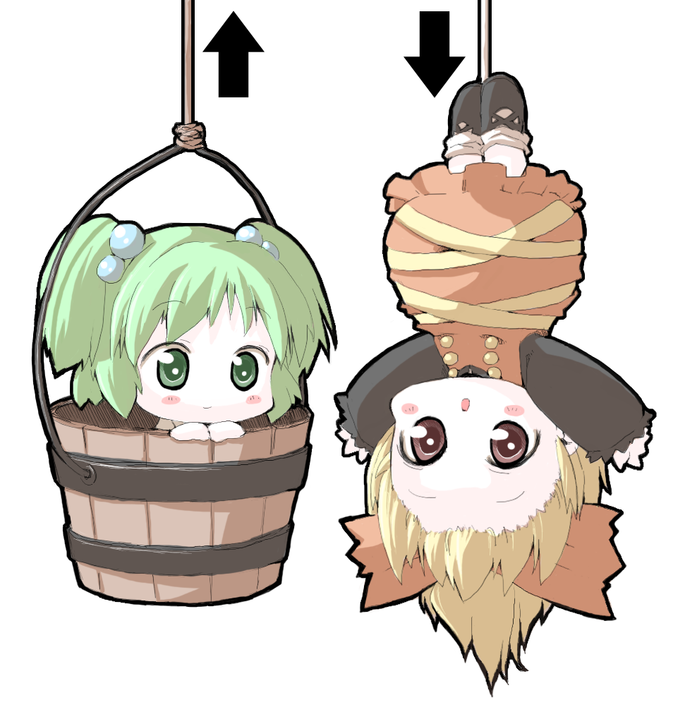 blonde_hair blush_stickers bow bucket chibi directional_arrow girl_in_bucket green_eyes green_hair hair_bobbles hair_bow hair_ornament hanging in_bucket in_container kisume kurodani_yamame meta36 meta_ooyake multiple_girls open_mouth short_hair touhou twintails upside-down