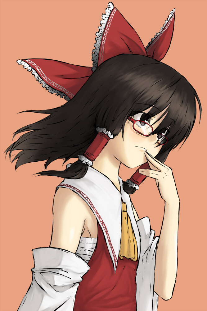 black_eyes black_hair detached_sleeves glasses hair_ribbon hakurei_reimu hiroya hiroya_juuren japanese_clothes miko ribbon sarashi simple_background touhou