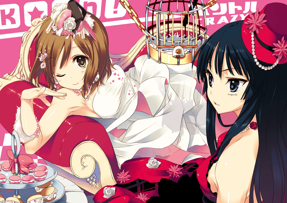 akiyama_mio bare_shoulders birdcage black_hair blue_eyes brown_eyes brown_hair cage cookie couch desserts doughnut dress food food_as_clothes food_themed_clothes hair_ornament hat hirasawa_yui jewelry k-on! lock long_hair mini_top_hat multiple_girls necklace padlock red_dress short_hair smile tatami_to_hinoki top_hat wasabi_(circle) white_dress wink